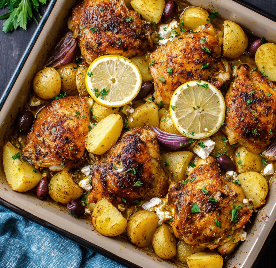 Greek-Style Oregano Roasted Chicken Thighs with Tomatoes and Potatoes