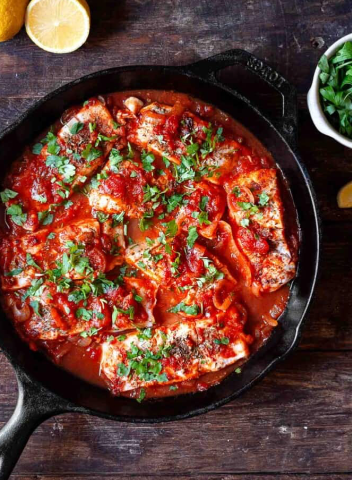 Psari Plaki (Greek Baked Fish) with Lemon, Oregano & Feta Potatoes