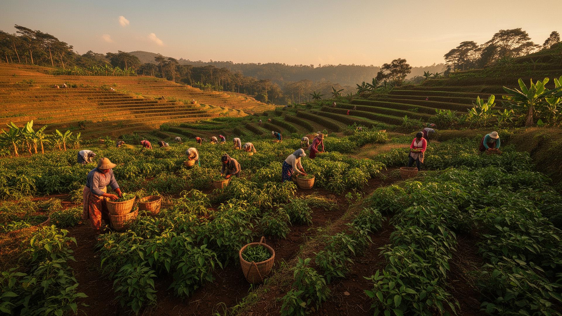 Farmers harvesting on terraced organic fields