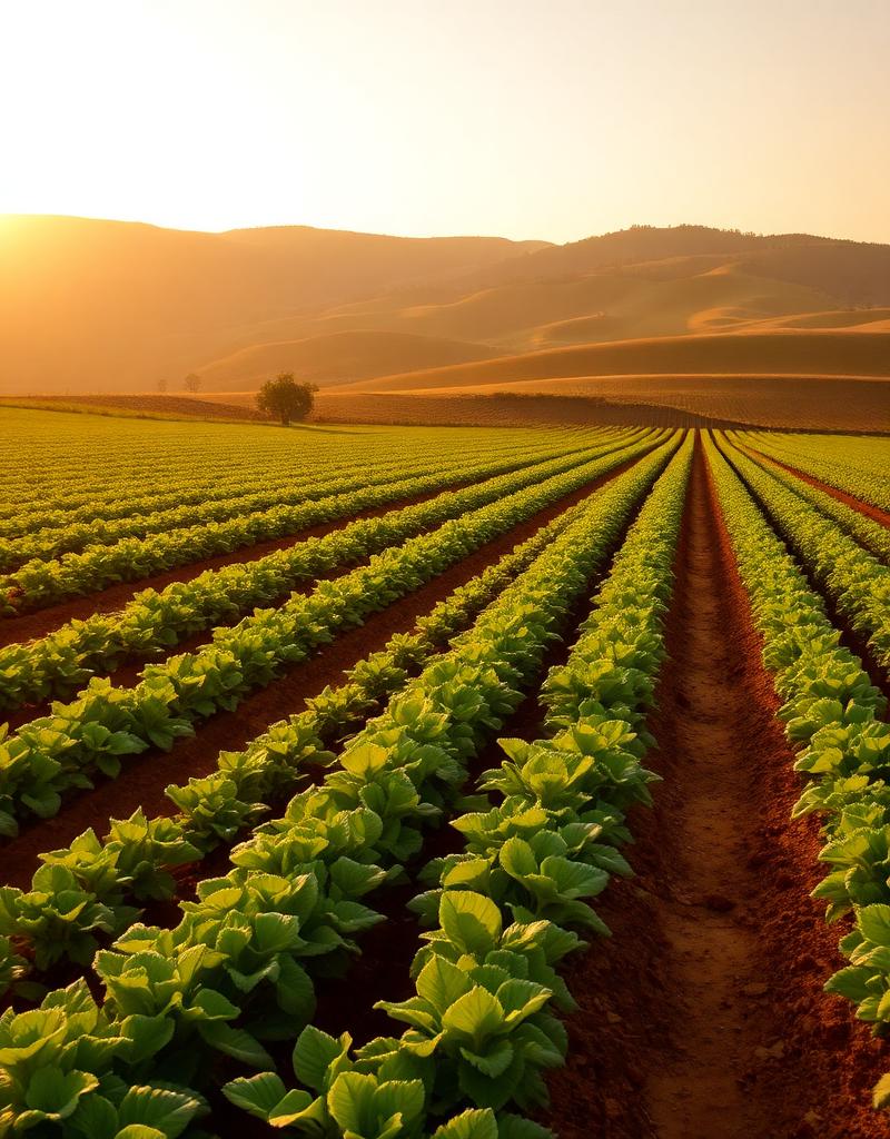 Organic farm field at golden hour