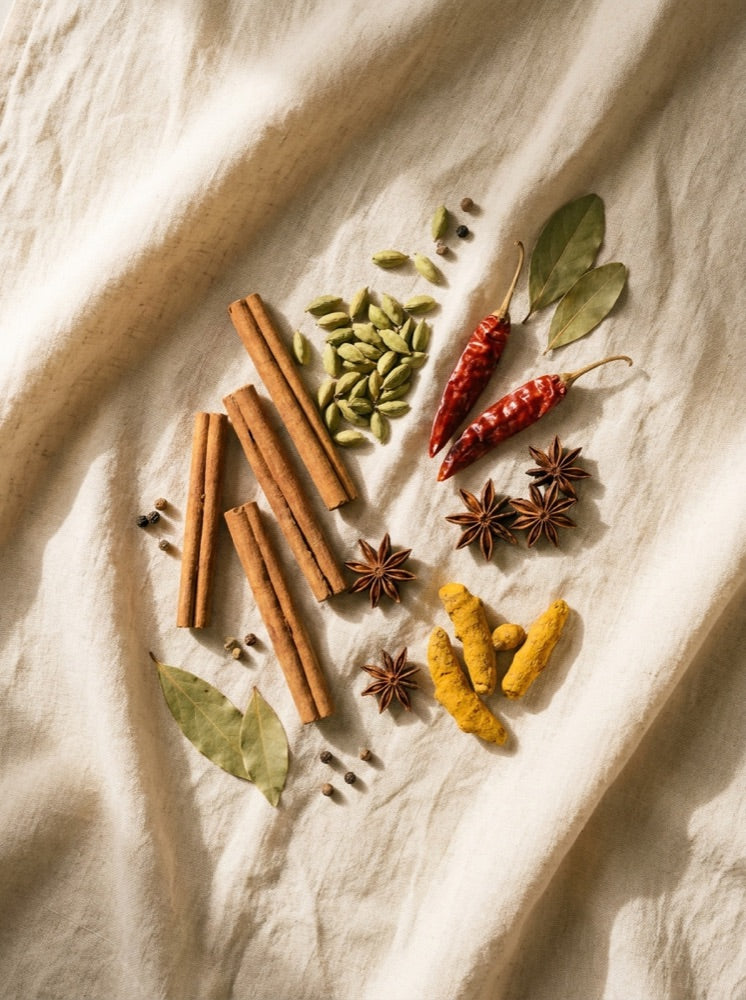 Whole organic spices on linen