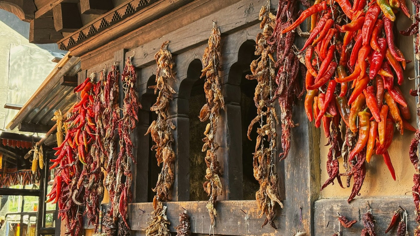 Guirlandes de piments rouges séchant sur un mur de maison