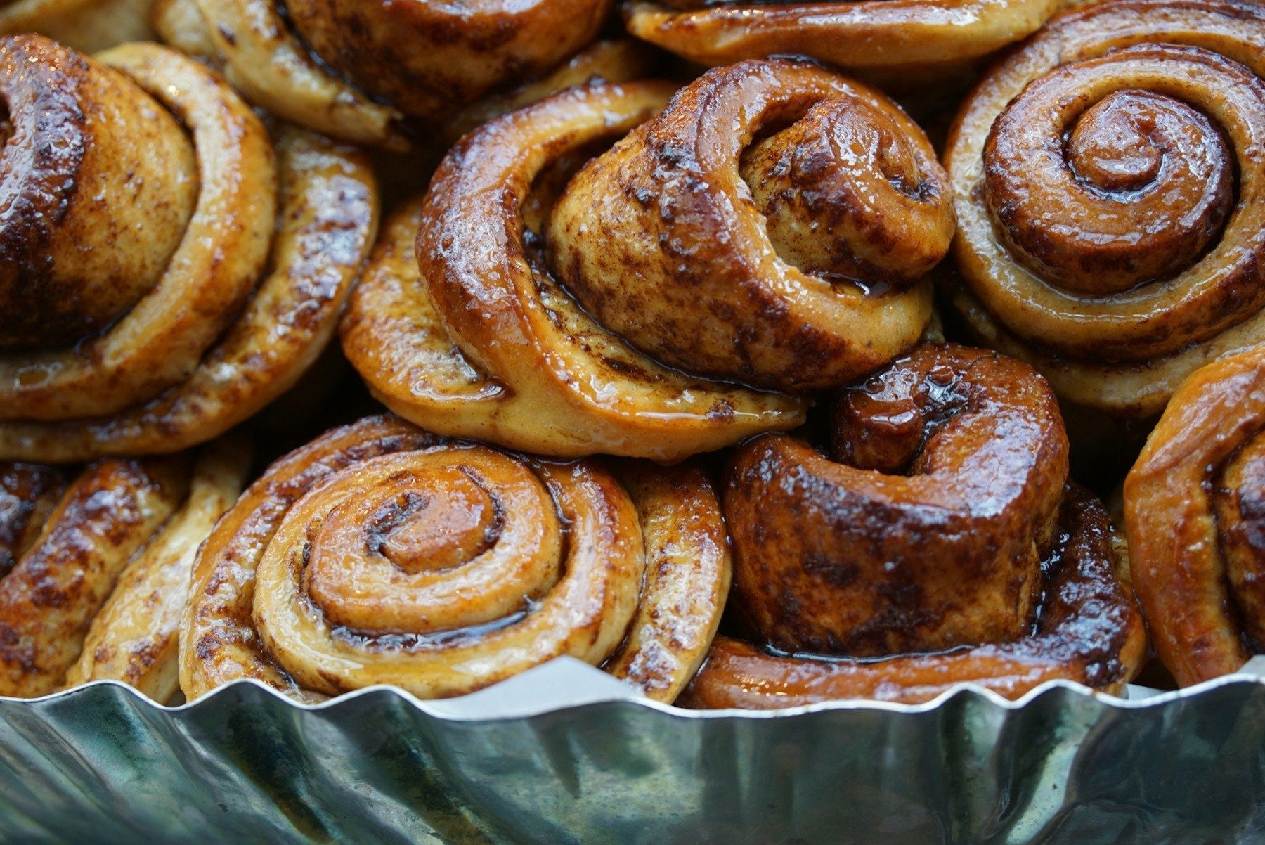 Tray of freshly baked cinnamon rolls