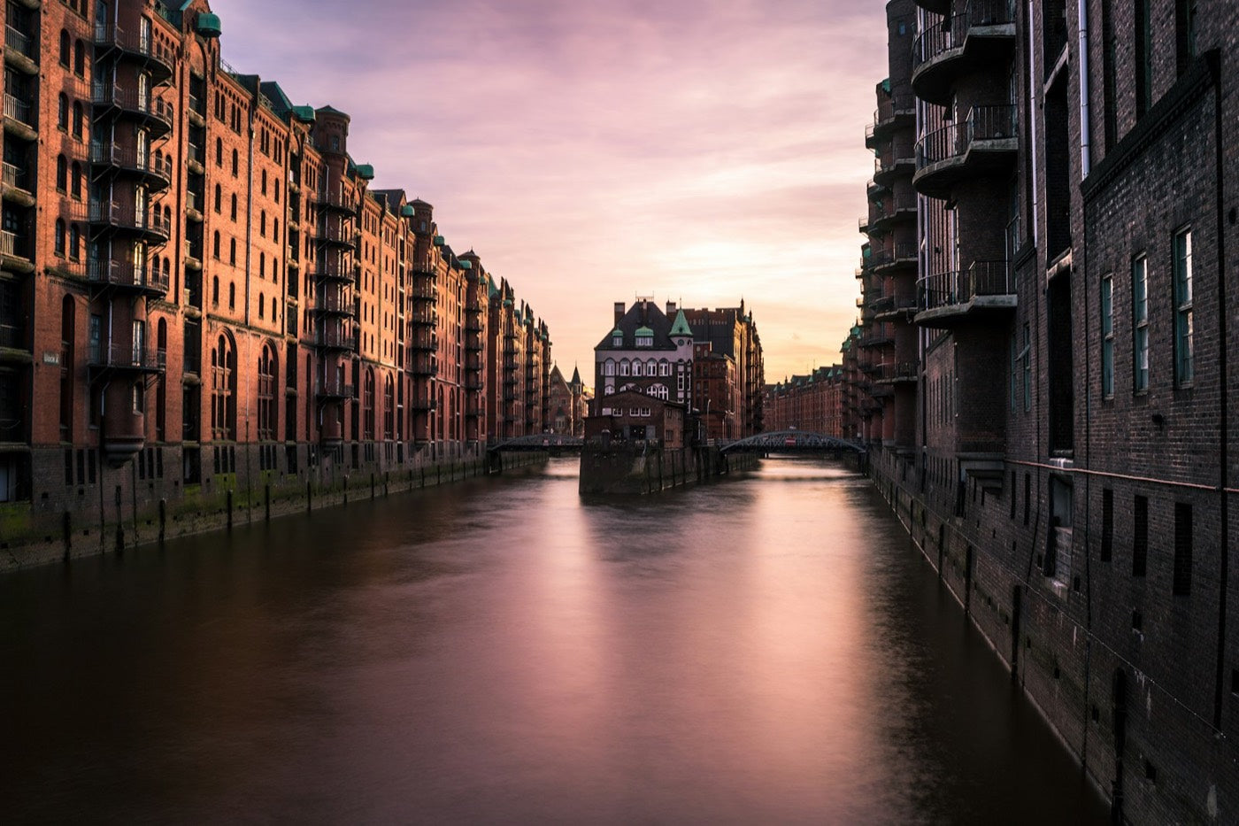Hamburg Speicherstadt warehouses at dusk